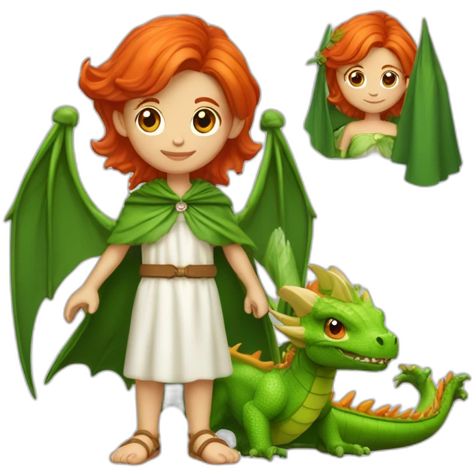 fée rousse avec une cape verte et capuche portant un bébé dragon blanc emoji