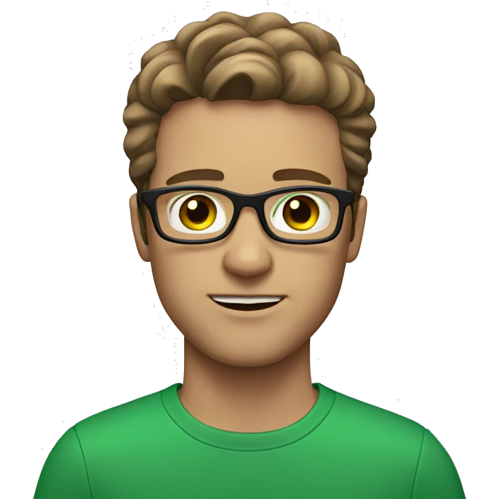 White man with brown hair with brown glasses and bright green eyes emoji