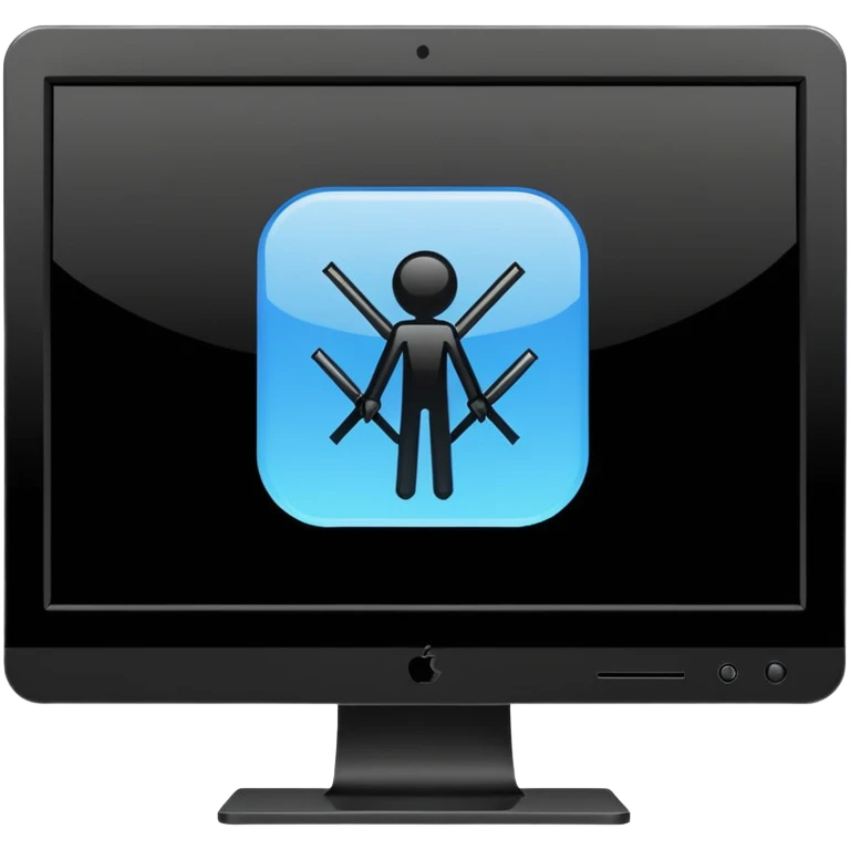 Minimalistic flat vector icon, iOS style, thin black contour on white background. Computer monitor showing a simple stickman character inside a game world. Clean, no text, no shadows emoji