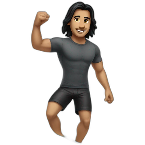 guy with long black hair in short and t-shirt surfing a wave emoji
