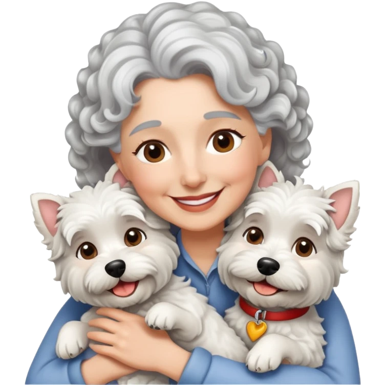 Single silver-haired with curly hair 60-ish lady smiling and hugging single westie dog emoji