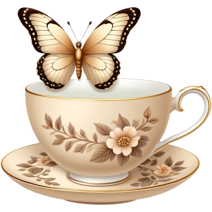 A delicate butterfly with pastel beige  wings, resting on the edge of a perl porcelain teacup adorned with intricate brown floral patterns. emoji