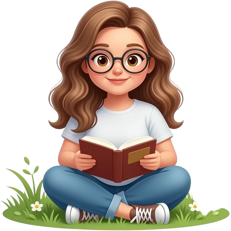 detailed emoji illustration of a curvy woman with long light brown wavy hair, light brown eyes and round glasses reading a book sitting in the grass, peaceful outdoor atmosphere, cute emoji style emoji