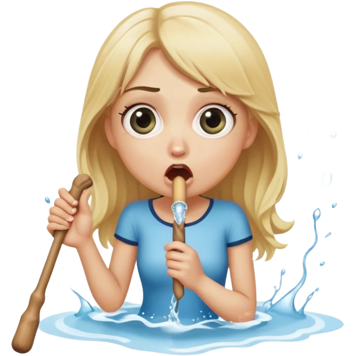 blond woman sitting on her knees with wide eyes, holding a wide skin-colored stick with a D-shaped knob, the stick has skin texture, water squirting from the knob into her mouth, shocked face emoji