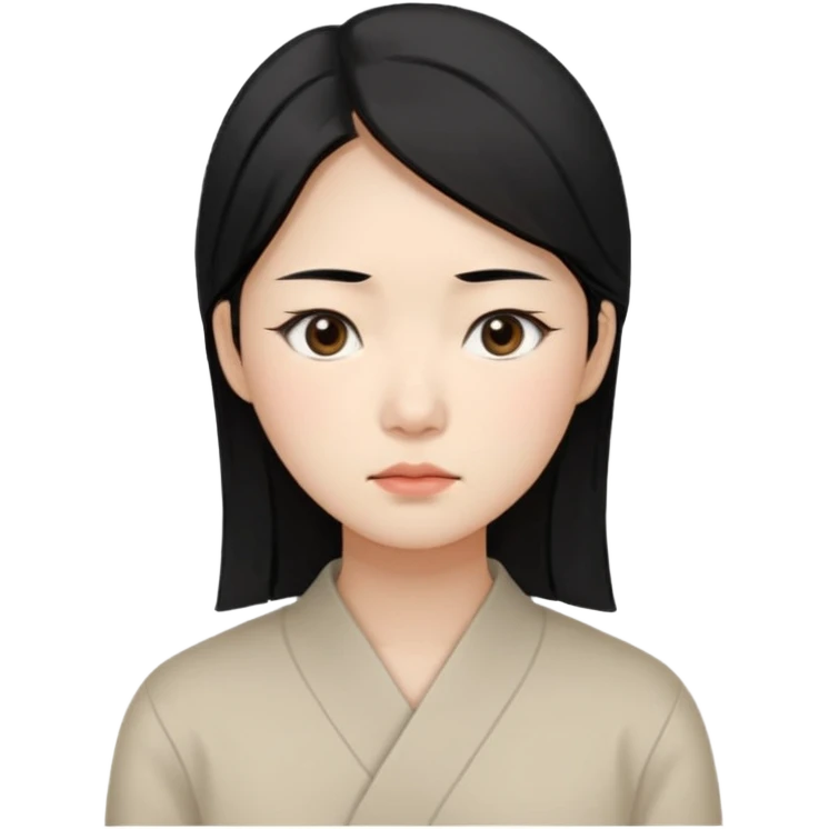 Korean woman, East Asian features,
female human face avatar, headshot,
slightly uncomfortable expression,
subtle frown, tired eyes,
sensitive and delicate mood,
neutral face, minimal expression,
simple black hair,
clean background,
professional, minimal style emoji