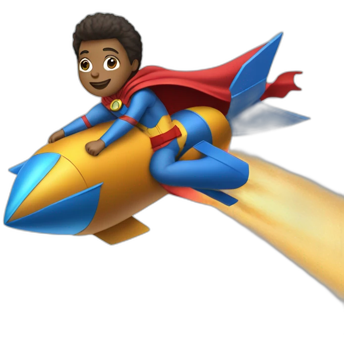 person dressed with a superhero cape but without mask is riding on a rocket emoji