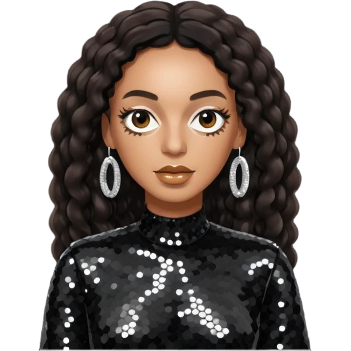 Solange with long dark brown hair, black sequin tour outfit  emoji