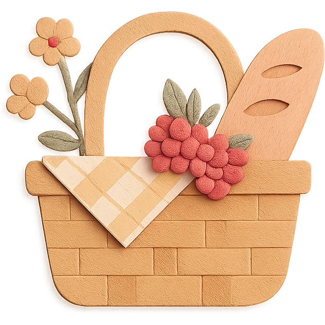 a picnic basket with berries, bread, and flowers, warm pastel shades, paper craft style emoji
