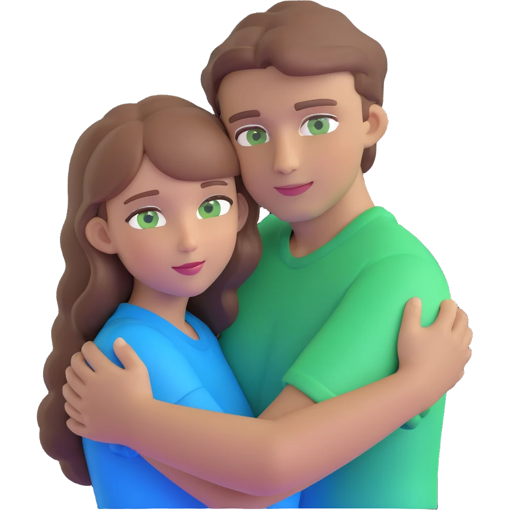 cute couple hugging, girl with light brown hair and green eyes, guy with brown hair and blue eyes emoji