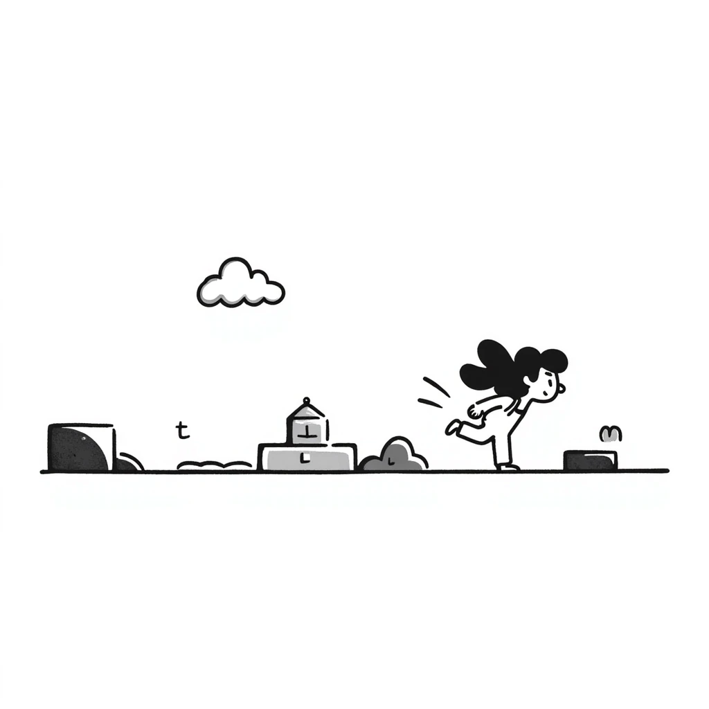 pixel art of a retro side-scrolling video game scene with blocks, platforms, clouds, and a character jumping, 8-bit Game Boy style, Mario world emoji
