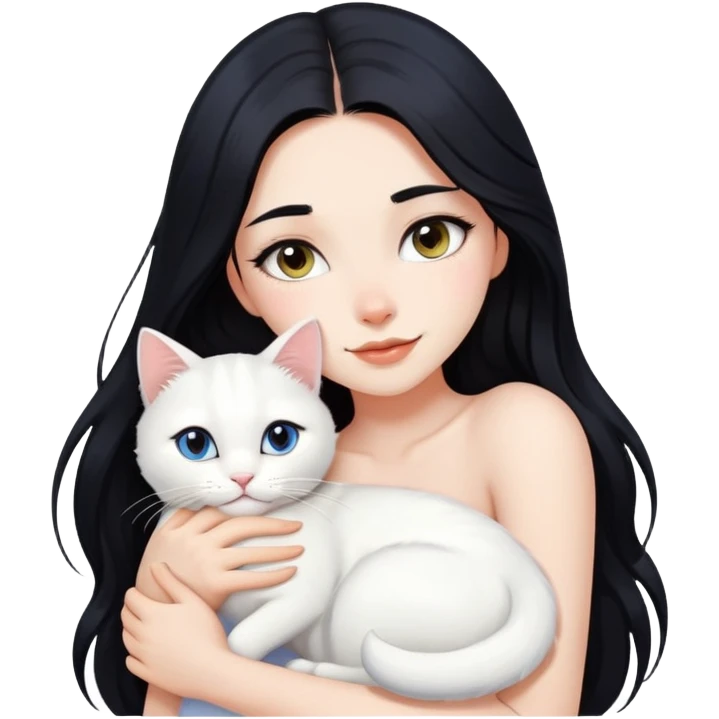 Beautiful sexy girl with long black hair hugs a white cat emoji