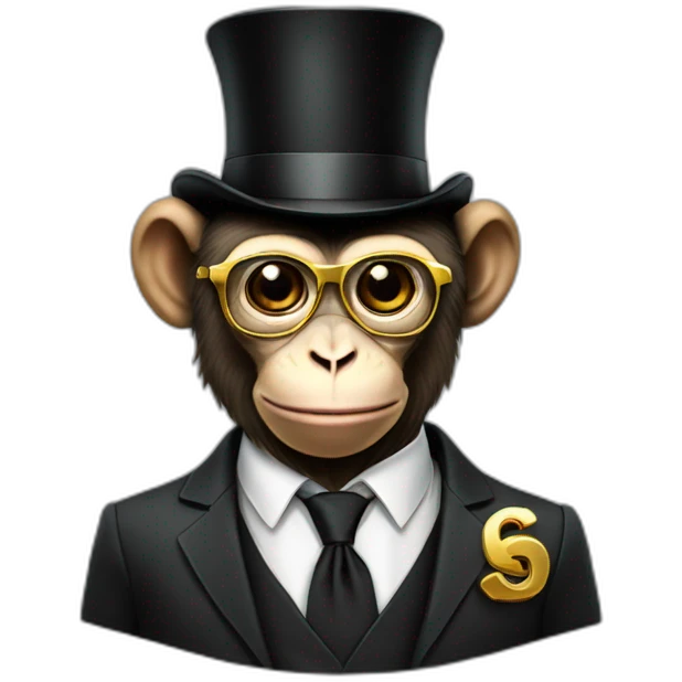 a monkey wearing a suit with a top hat with a gold chain and dollar sign glasses emoji