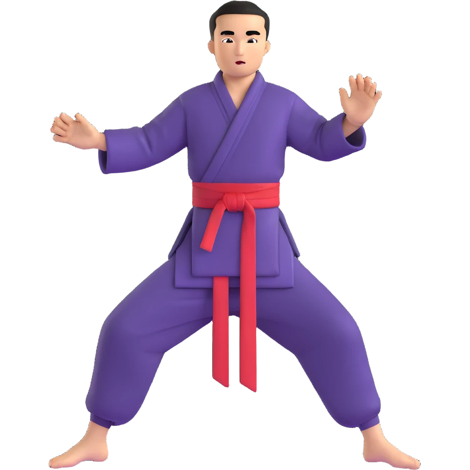 Martial artist in dynamic kung fu pose, wearing traditional loose outfit with sash emoji