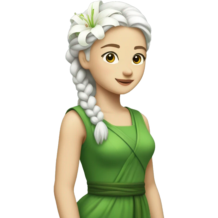 A white hair girl with a big braid and a white lily on the top left of the hair,a green dress made by lily leaves emoji