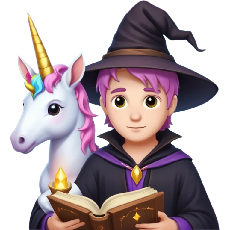 Cute male witch and unicorn reading a magic book emoji