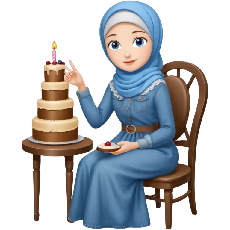 Turkish beautiful finish Konya girl blue eyes with denim hijab long tail dress and sits on the chair and holds cake with her hand  emoji
