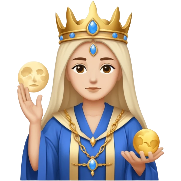 High Priestess tarot card with moon crown, blue robes, minimalist iPhone emoji style emoji