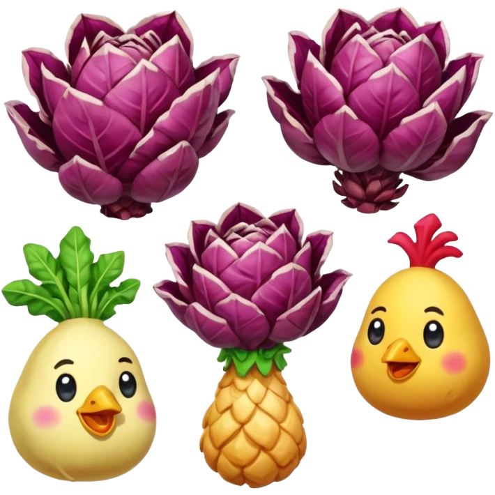 crea emote pack con sfondo trasparente e dimensioni 28x28 56x56 e 112x112 ognuna già con tutte e tre le dimensioni staccate dalle altre con tema radicchi e polli in stile gamer con parole da gaming in font bold colore arcobaleno diverso ad ogni parola emoji