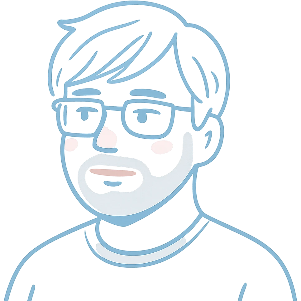 A thoughtful man with rectangular glasses, fashionably tousled longer hair with trendy side-swept bangs, a naturally round face, and a slightly wider nose. Use pale blue for the main line work, pink accent highlights throughout, and gray tones for the neat short beard and subtle shadows. emoji