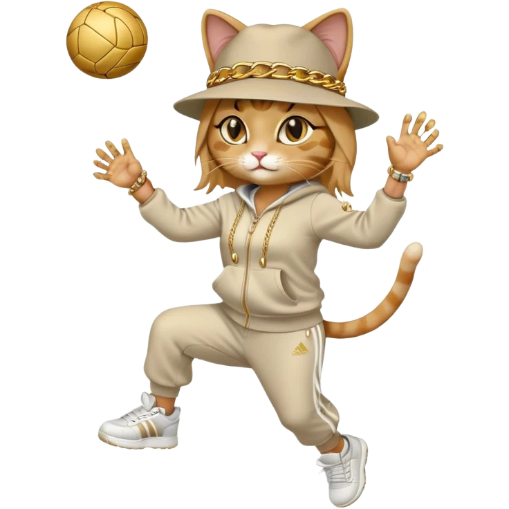 female cat dressed like Run DMC in tracksuit, fedora, Adidas shoes, lots of gold chains, rings, bracelets, earrings, catching a ball high in the air, no sunglasses emoji