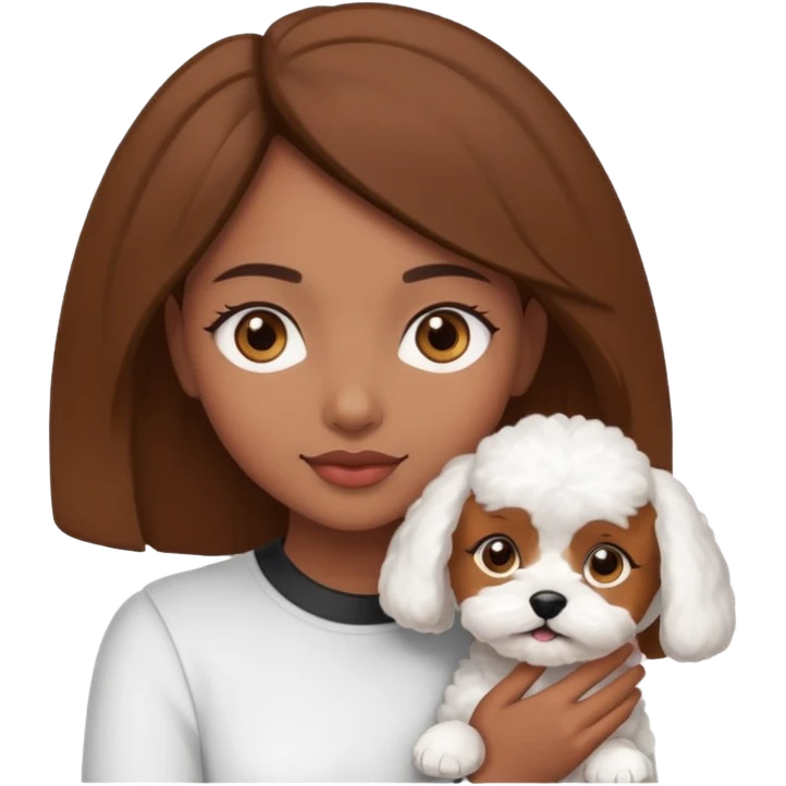 Chica morena ojos marrones con un bichón maltés en los brazos emoji