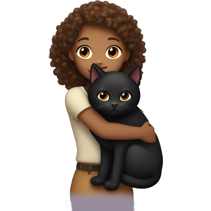 A brown skinned curly haired girl hugging a black cat  emoji