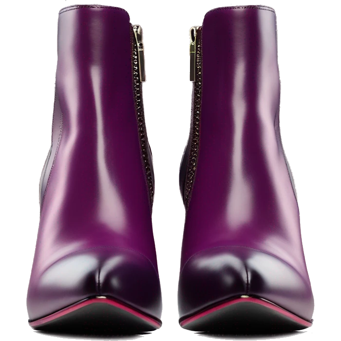 Realistic isolated top view of a plum purple to wine color ombre Jimmy Choo stiletto zippered ankle bootie boots.  emoji