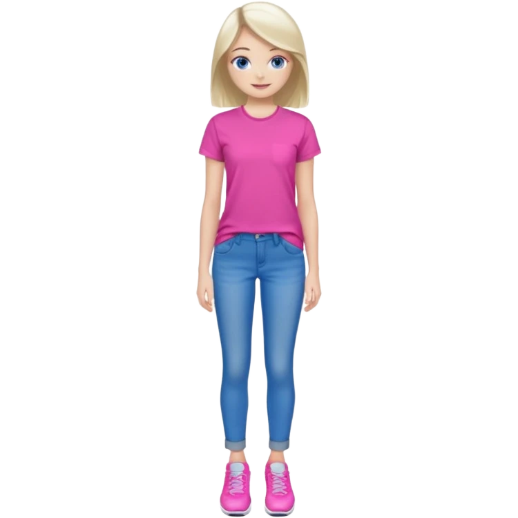 beautiful girl with fair hair, blue eyes, in a vivid pink shirt, grey jeans and white trainers emoji