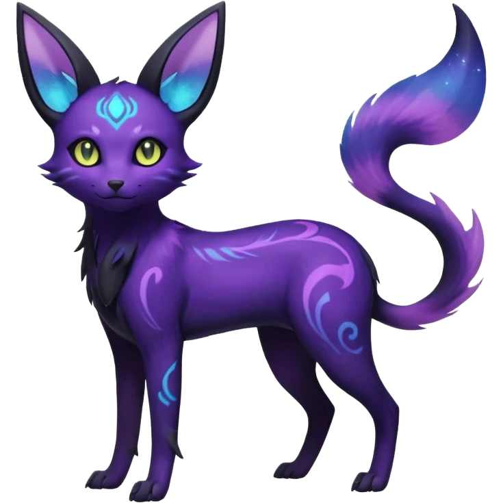 Rare realistic purple indigo violet nebulae shiny sparkly dark-neon glowing bioluminescent edgy badass epic pretty beautiful handsome gorgeous aesthetic colorful vibrant Vernid-Trico-Umbreon-Espeon-species-Fakemon-creature by LiLaiRa, 4 legs, 1 tail, random markings, (full body) emoji