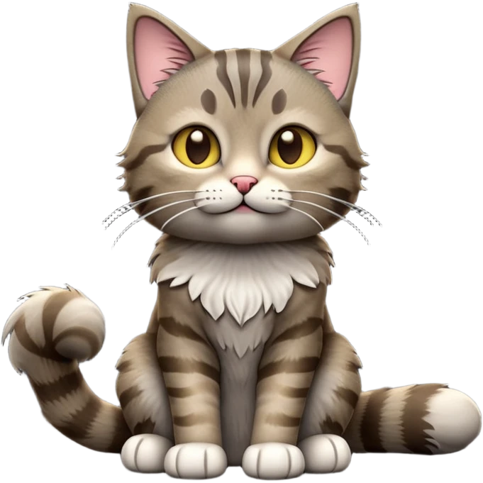 cinematic-[grey brown tabby cat]-realistic-full-body-sitting-emoji,-tail-curled-playfully-around-its-paws,-head-tilted-dramatically,-scruffy-[grey]-fur,-simplified-yet-realistic-focused-features,-highly-detailed,-glowing-with-an-almost-sarcastic-glow emoji