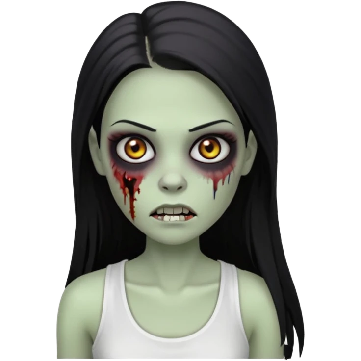девушка зомби с темными длинными прямыми волосами, с черными макияжем глаз, тонкими бровями в стиле Apple avatar, оделся в белую майку emoji