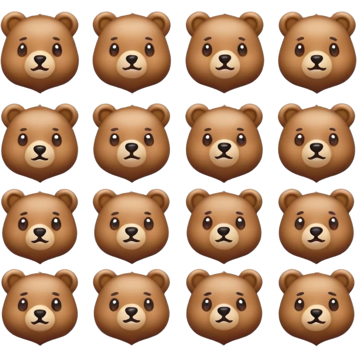 Create a set of 12 cohesive emojis featuring a cute, lovable bear experiencing different emotions related to love and feelings. The bear should be playful and kind, with large expressive eyes and soft fur. Style: flat vector design, bright colors, smooth outlines. All emotions must be clear emoji