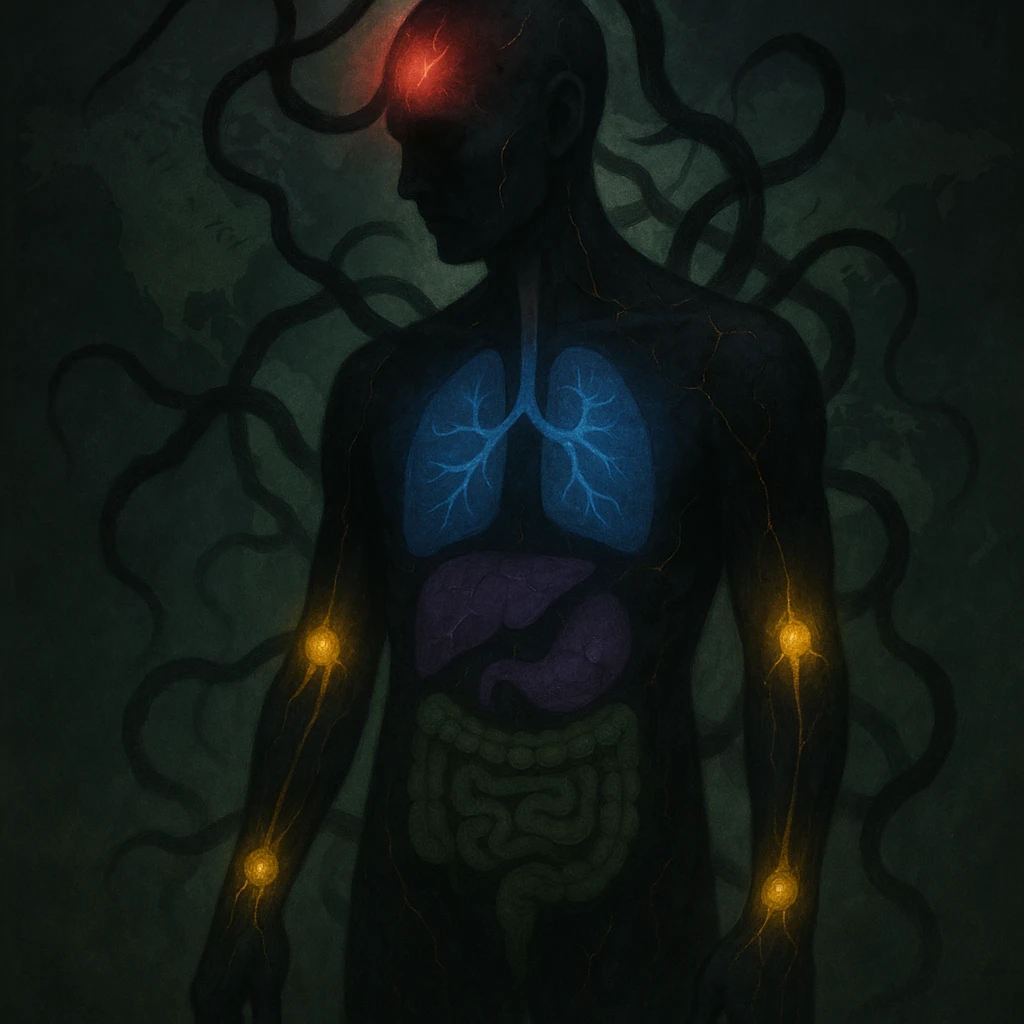 semi-realistic, moody human silhouette with colored auras around organs (red: emicrania, blue: asma, yellow: artrite, green: colite, viola: cirrosi), dark worm-like forms, glowing cracks, green mist, world map emoji