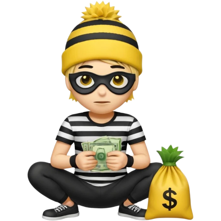 An Apple style rubber emoji is wearing a black beanie and has yellow hair that is spiky but flat hanging out from under it and the robber is wearing a striped shirt and has yellow skin and black eye mask. He also has the money back over his shoulder and is sort of crouching. emoji