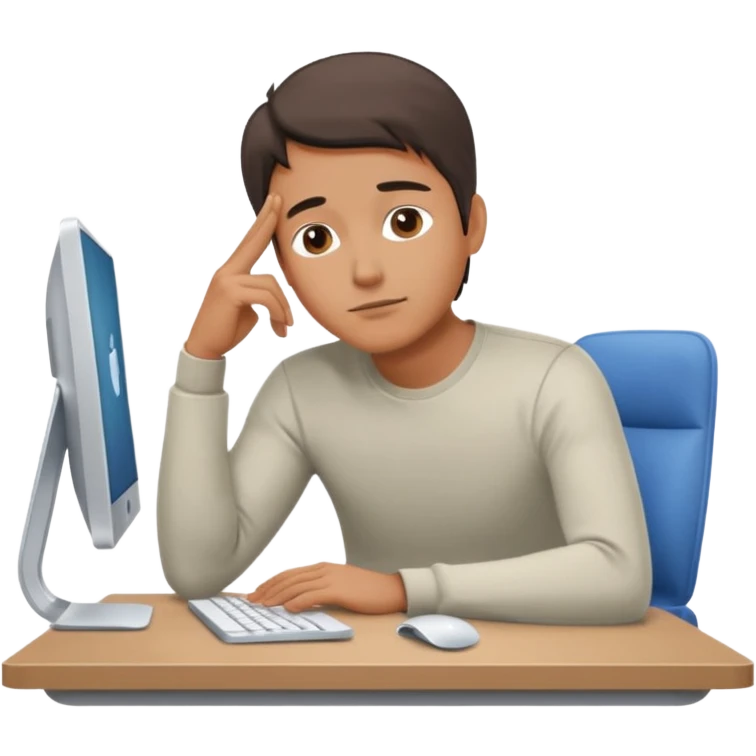 emoji of a man sitting at the table with an imac on it, a man is sitting in a very thoughtful pose, he has his hands on the table and his head resting on them emoji