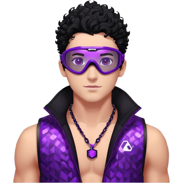 male athlete with white skin and moderately curly black hair on top with shaved sides, wearing ski goggles with purple frames and very dark black lenses, a simple plain black chain necklace, and a completely unzipped sleeveless vest with purple and black sequin fire pattern design, fully revealing his chest, shoulders and arms, no earrings emoji