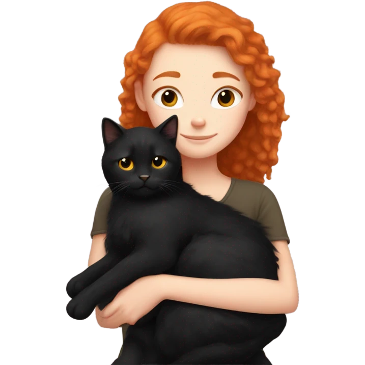 Ginger girl cuddling with black fluffy cat  emoji