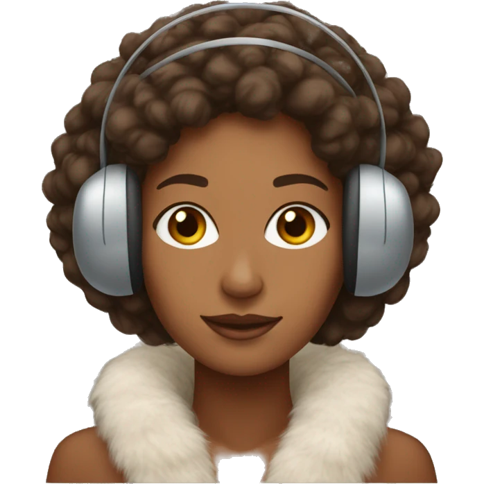 brown skinned woman with curly brown hair wearing winter faux fur earmuffs emoji