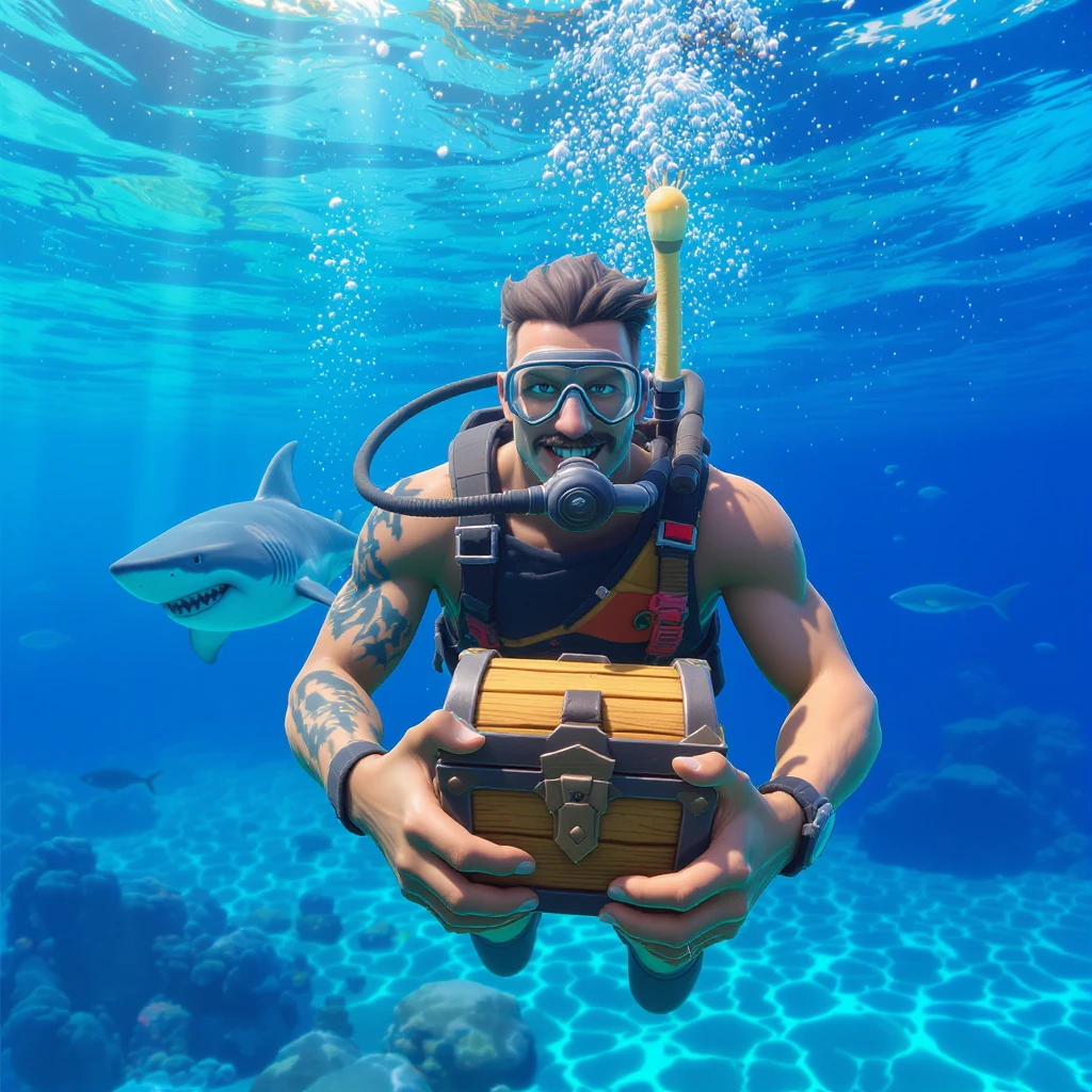portrait, closeup, 3D, symmetrical, fortnite art style, diver holding chest underwater, happy shark swiming around him, blue crystal water, sunny day emoji