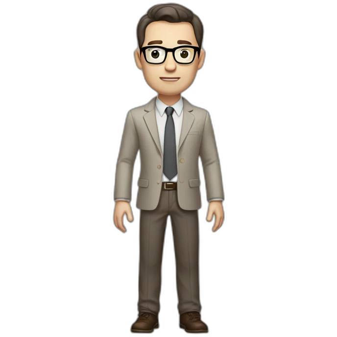 Full height Gesticulating Pale skinned fit man with dark brown hair in gray jacket, beige office shirt, brown tie, brown pants and vintage glasses. emoji