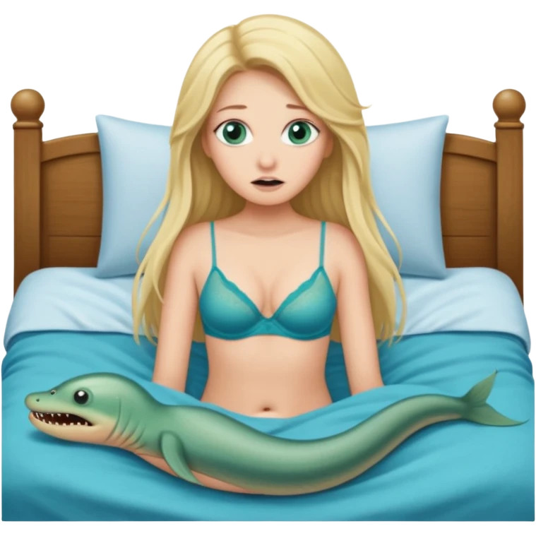 Blonde baddie with very long hair blue-green eyes Is afraid and lay in a big bed in underwear And in her underwear is an eel that hurts her  emoji