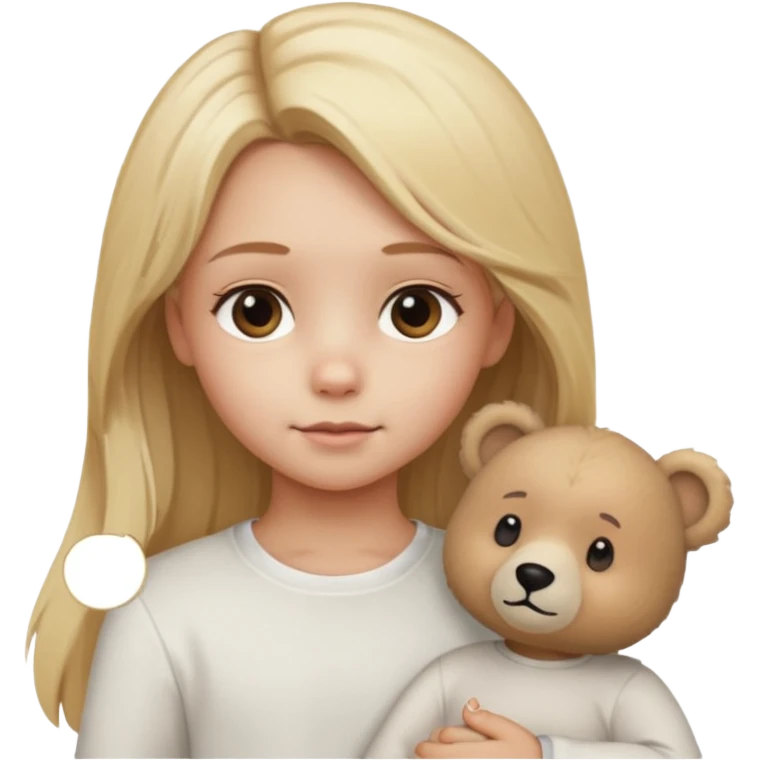 Blonde little girl, long hair, white long sleeve, with beige bear emoji