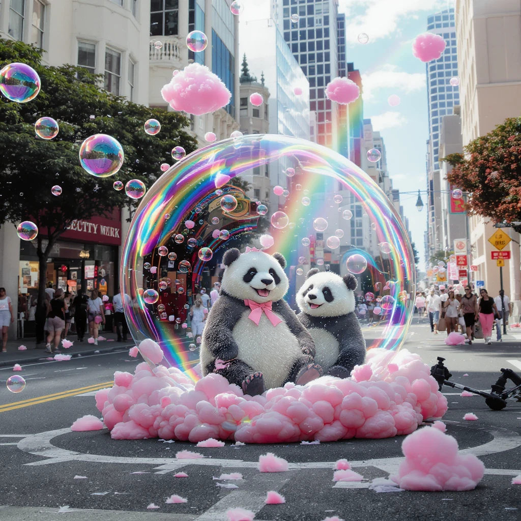 Cinematic still pandas bears sitting inside bubbles flying around San Francisco downtown, sunny summer day, happy vibe, colorfull surround, rainbow, small cute pink clouds around emoji