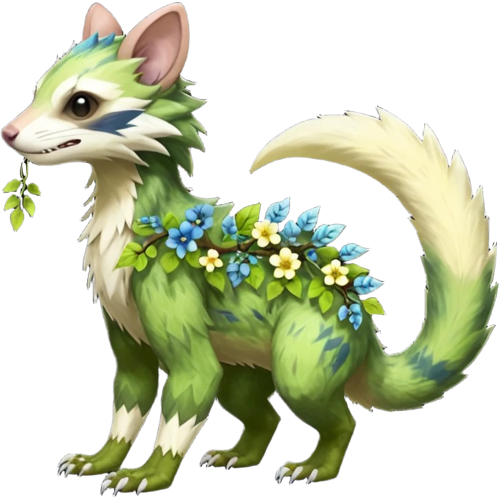 Realistic Sharp swampy realistic mossy grassy elemental ivy floral detailed Colorful translucent luminescent glowing Trico-Sergal-Furret-Ferret-Wolverine-Vernid-furry-fursona-fusion-Fakemon-animal-hybrid-creature, full body emoji