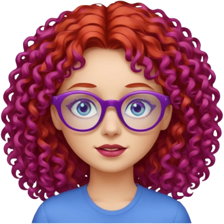 Red curly hair girl with purple glasses and blue eyes emoji