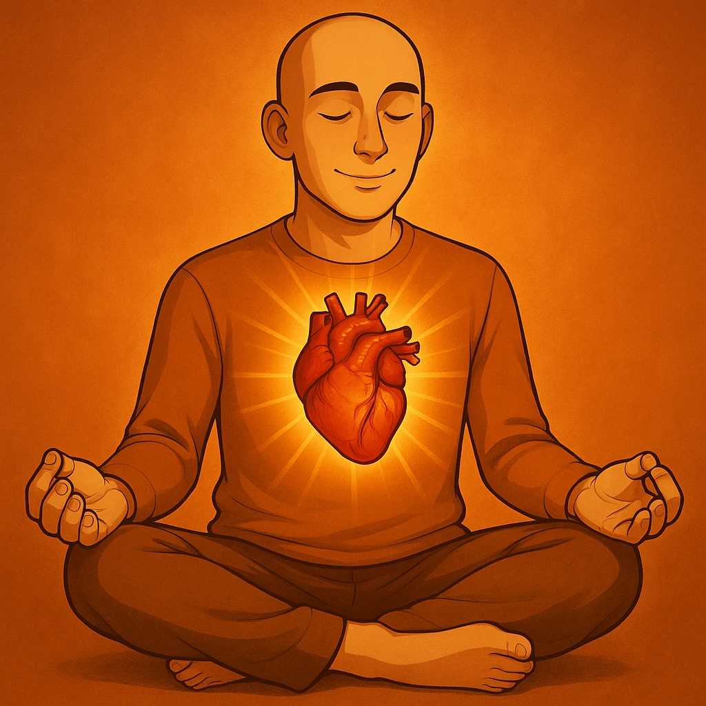 Person is meditating and his heart is glowing and shining, general style, with a real organ heart form, vibrant colors emoji