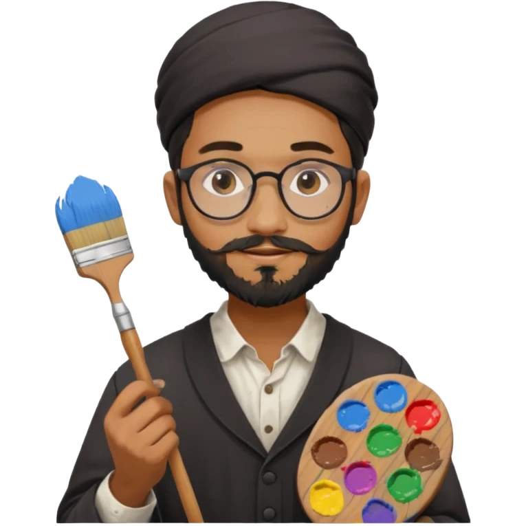 generate an ios genmoji of a 20 year old tan indian boy with rounded spectacles and a AMISH beard, carrying a paintbrush and palette emoji