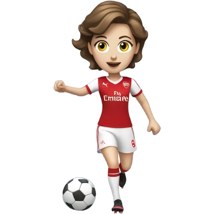 Pretty white woman in Arsenal jersey with short brown hair kicking a soccer ball emoji