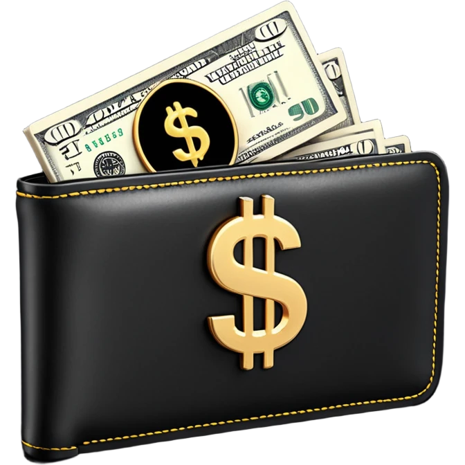 Rich emoji style black leather wallet with dollar bills, luxury money vibe, premium 3D emoji, ultra clean, high detail, no background
 emoji