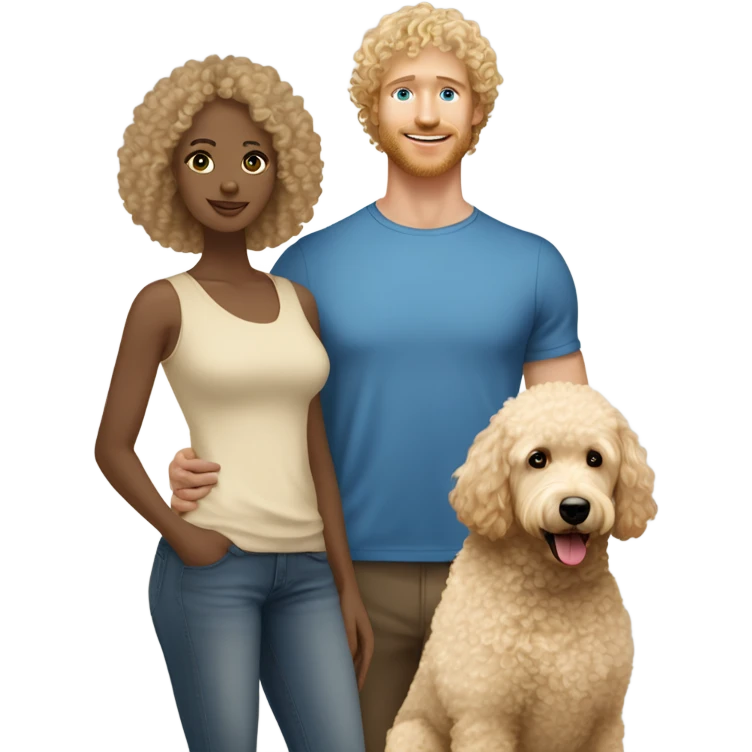 Biracial male with curly short Afro holding a beige golden doodle standing next to a Caucasian blonde hair lady with blue eyes  emoji
